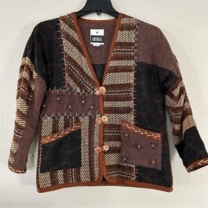 Vintage Yak Magik L Jacket Silk Art to Wear VTG Patchwork Beaded Brown Small